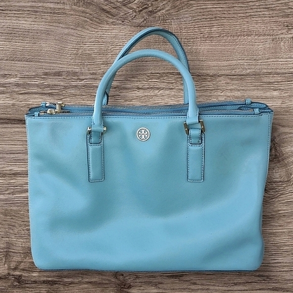 Tory Burch Robinson Light Teal Leather Tote - Picture 8 of 8